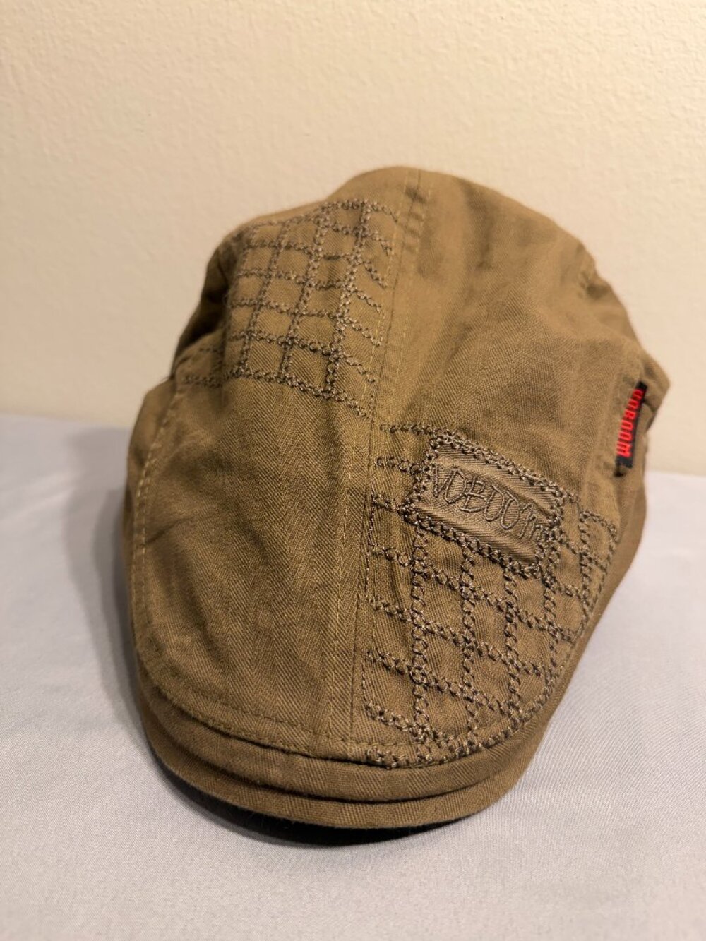 Voboom beret cap with embroidery, logo, light brown color, with buckle, size one